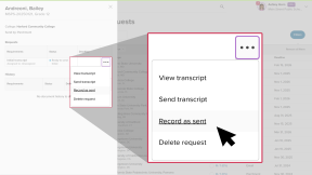 Transcripts page in Xello. Cursor has selected a menu with the option to Record as sent. 